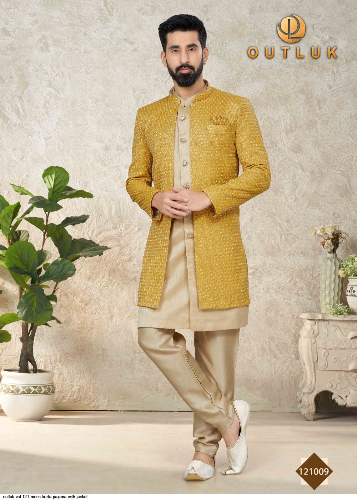Buy Indian Prom Cream Art Silk Plain Men's Kurta Churidar With Jacket  MKPA01770