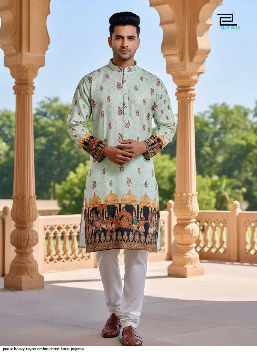PAARV HEAVY RAYON EMBROIDERED KURTA PAJAMA E