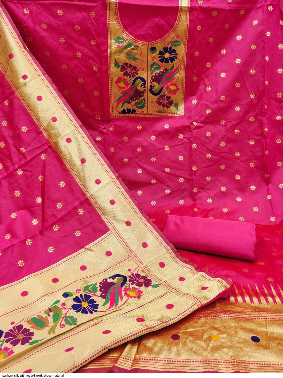 Taffeta Silk Dress Material Set with Paithani Pattern and Pallu Design