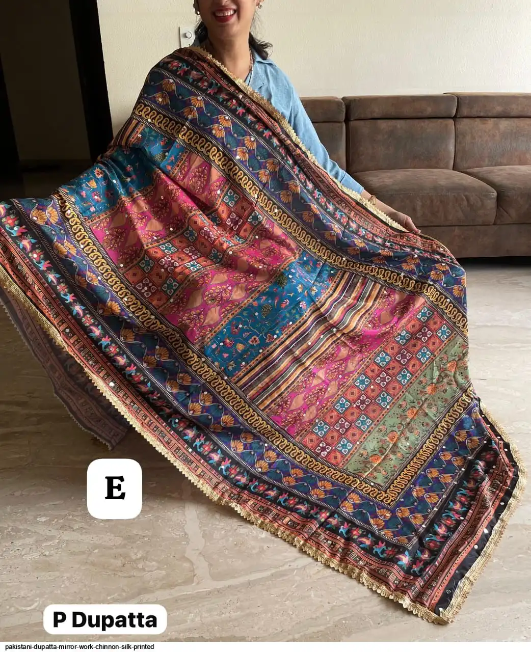 PAKISTANI DUPATTA MIRROR WORK CHINNON SILK PRINTED C