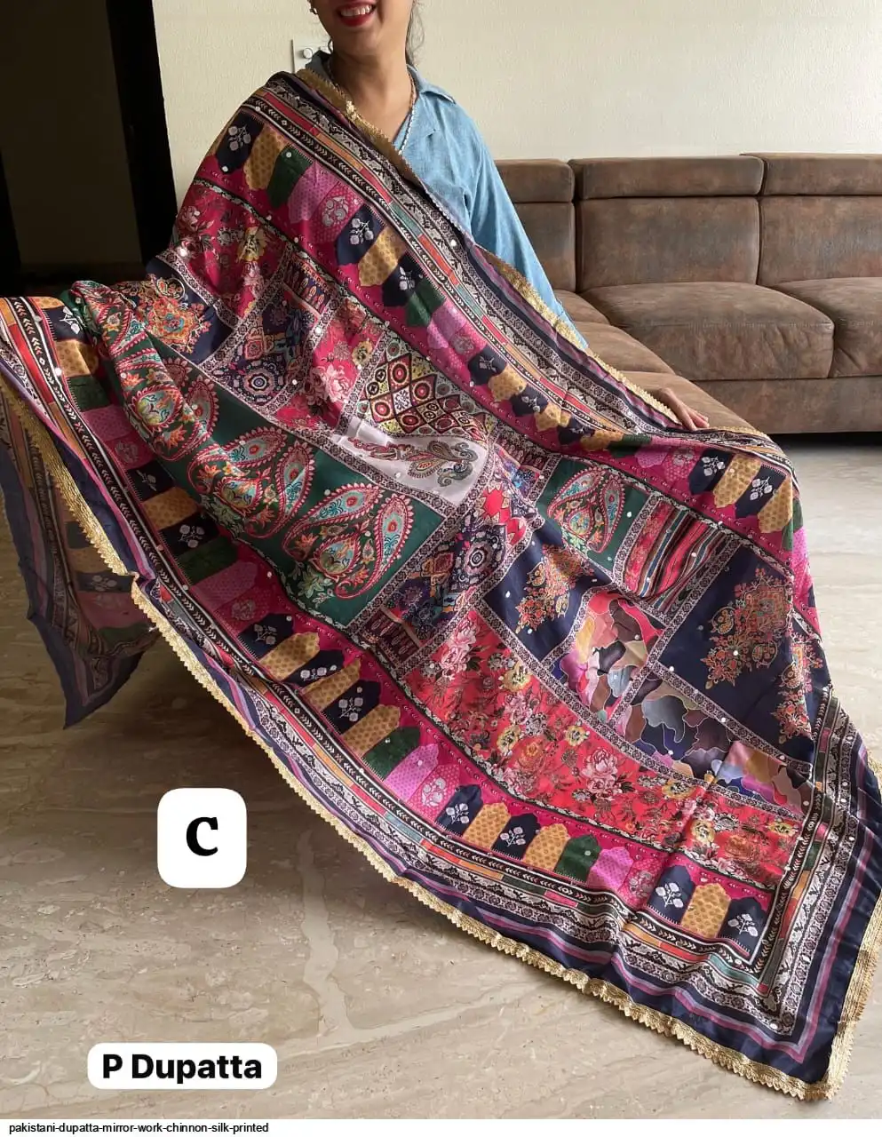 PAKISTANI DUPATTA MIRROR WORK CHINNON SILK PRINTED B