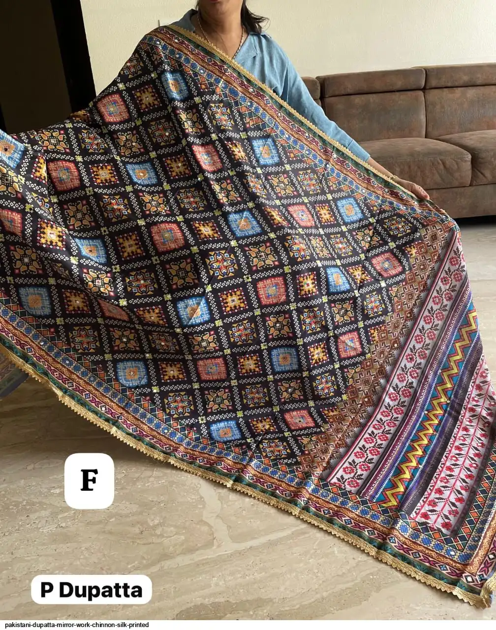 PAKISTANI DUPATTA MIRROR WORK CHINNON SILK PRINTED D