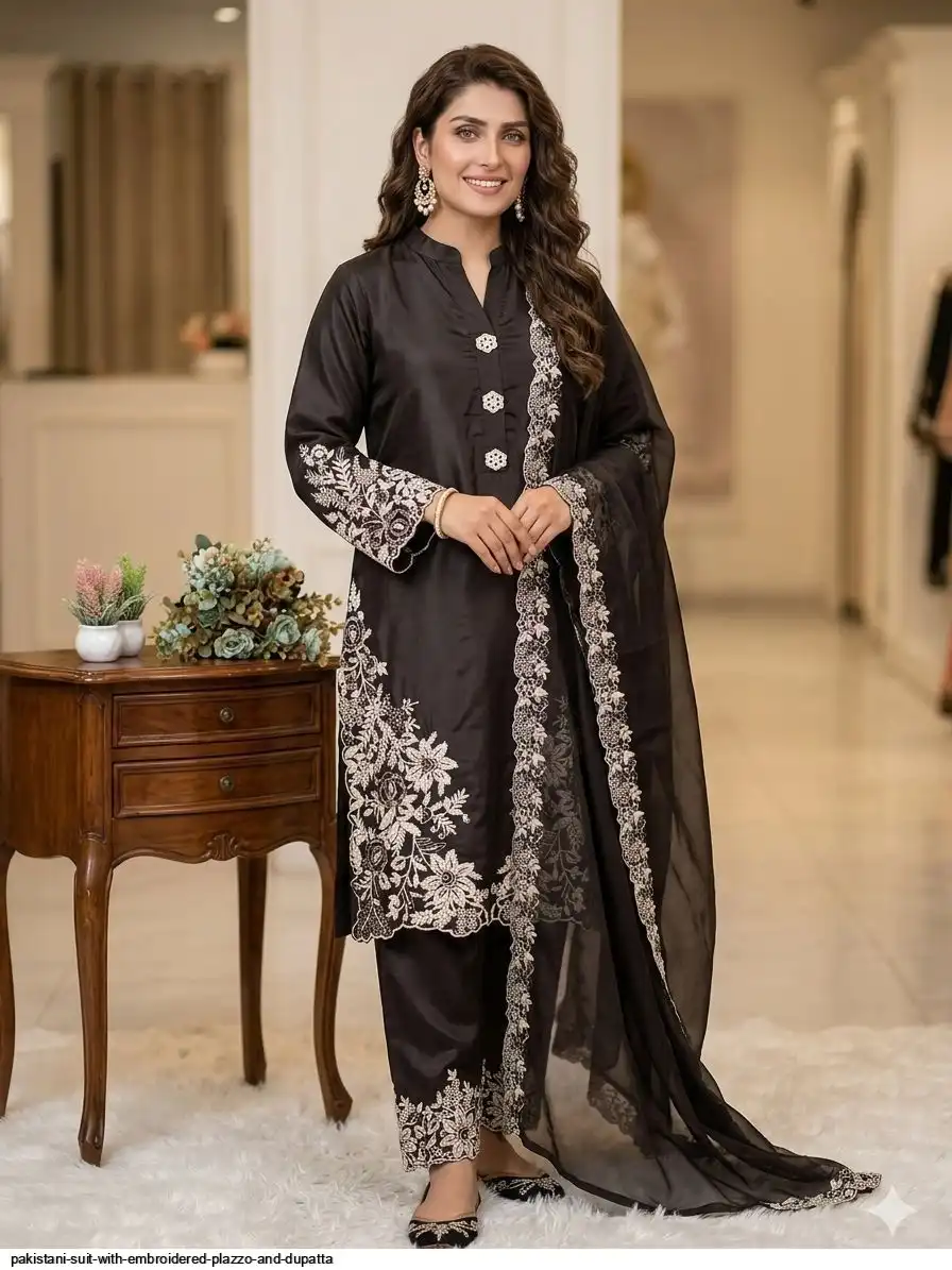 PAKISTANI SUIT WITH EMBROIDERED PLAZZO AND DUPATTA A
