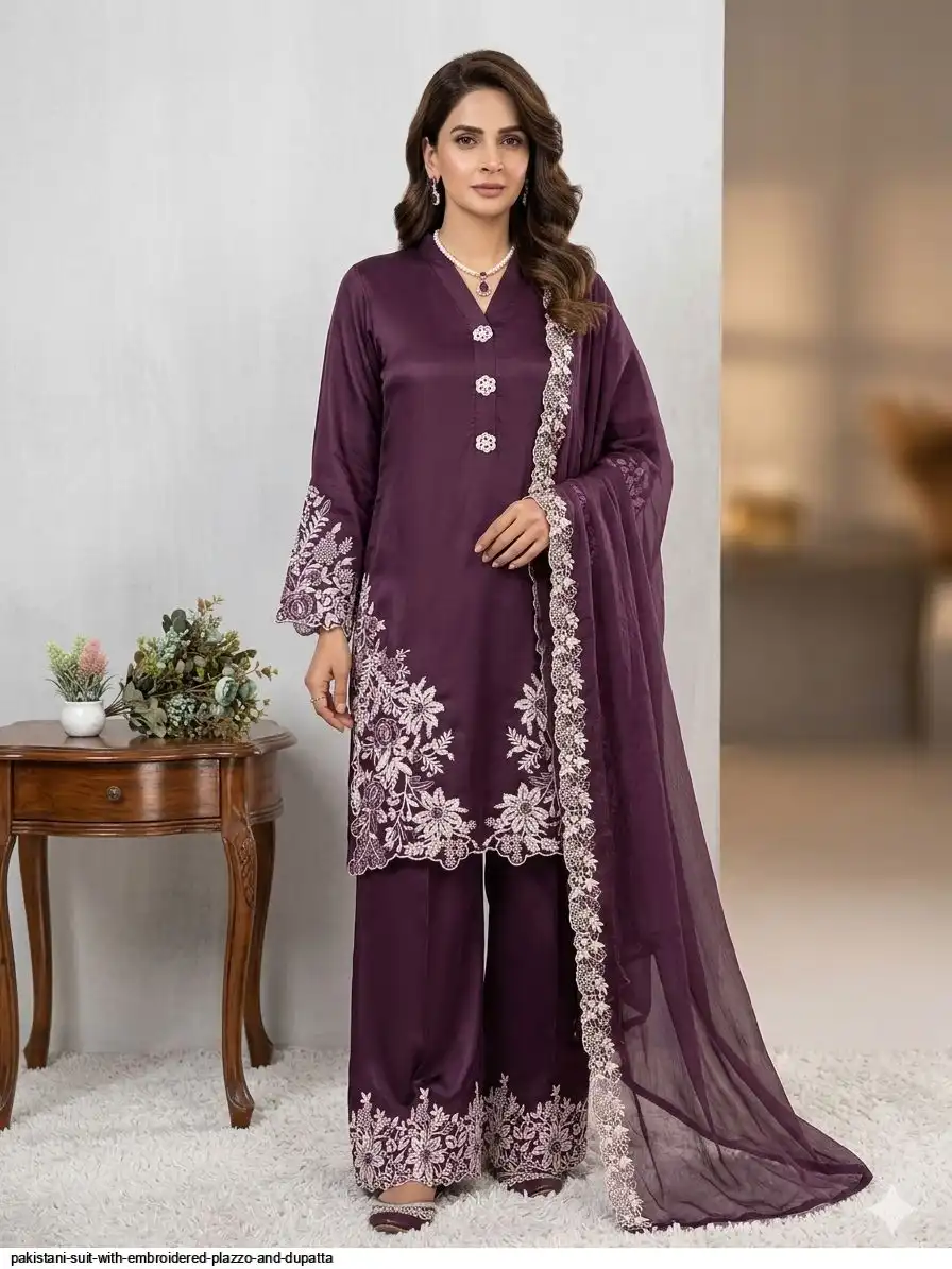 PAKISTANI SUIT WITH EMBROIDERED PLAZZO AND DUPATTA B