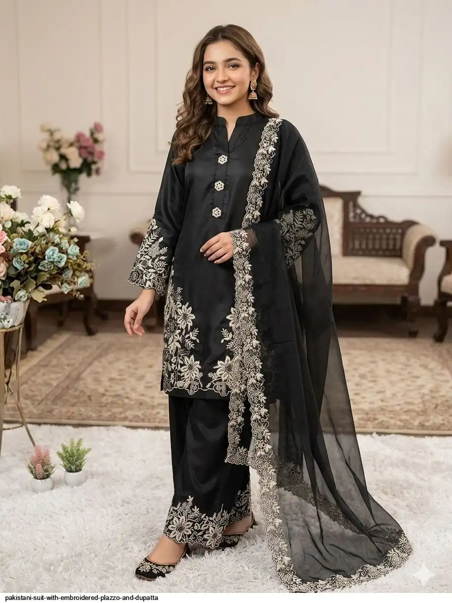 PAKISTANI SUIT WITH EMBROIDERED PLAZZO AND DUPATTA C