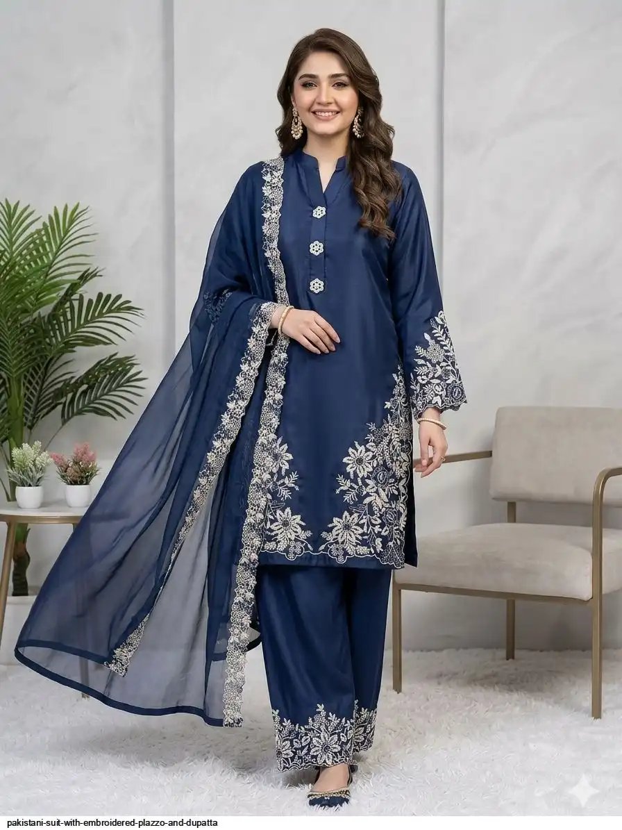 PAKISTANI SUIT WITH EMBROIDERED PLAZZO AND DUPATTA D