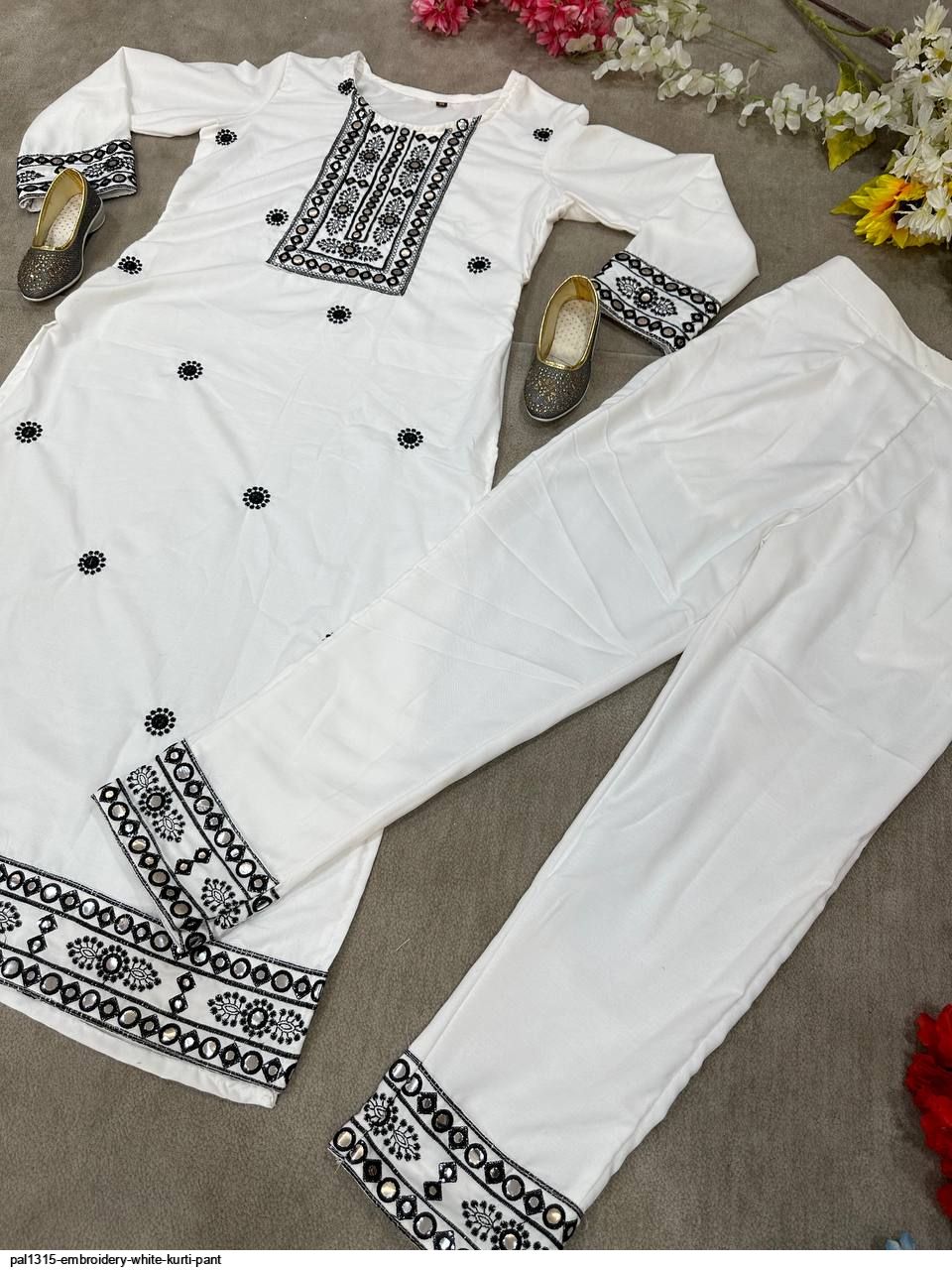 PAL1315 EMBROIDERY WHITE KURTI PANT