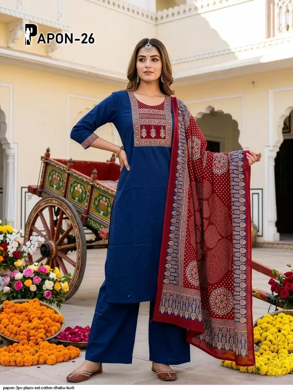 PAPON 3PC PLAZO SET COTTON DHABU KURTI 5
