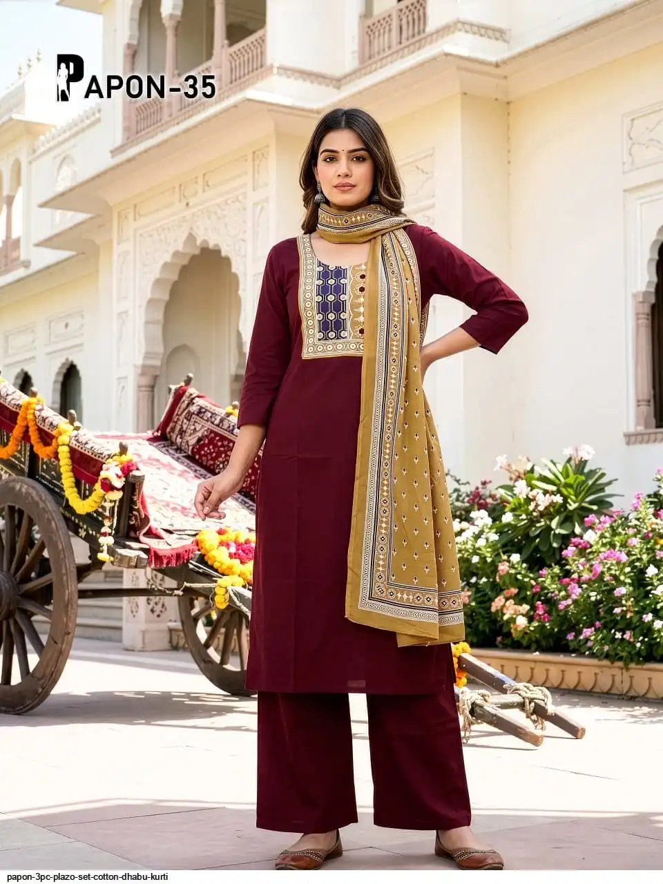 PAPON 3PC PLAZO SET COTTON DHABU KURTI 9
