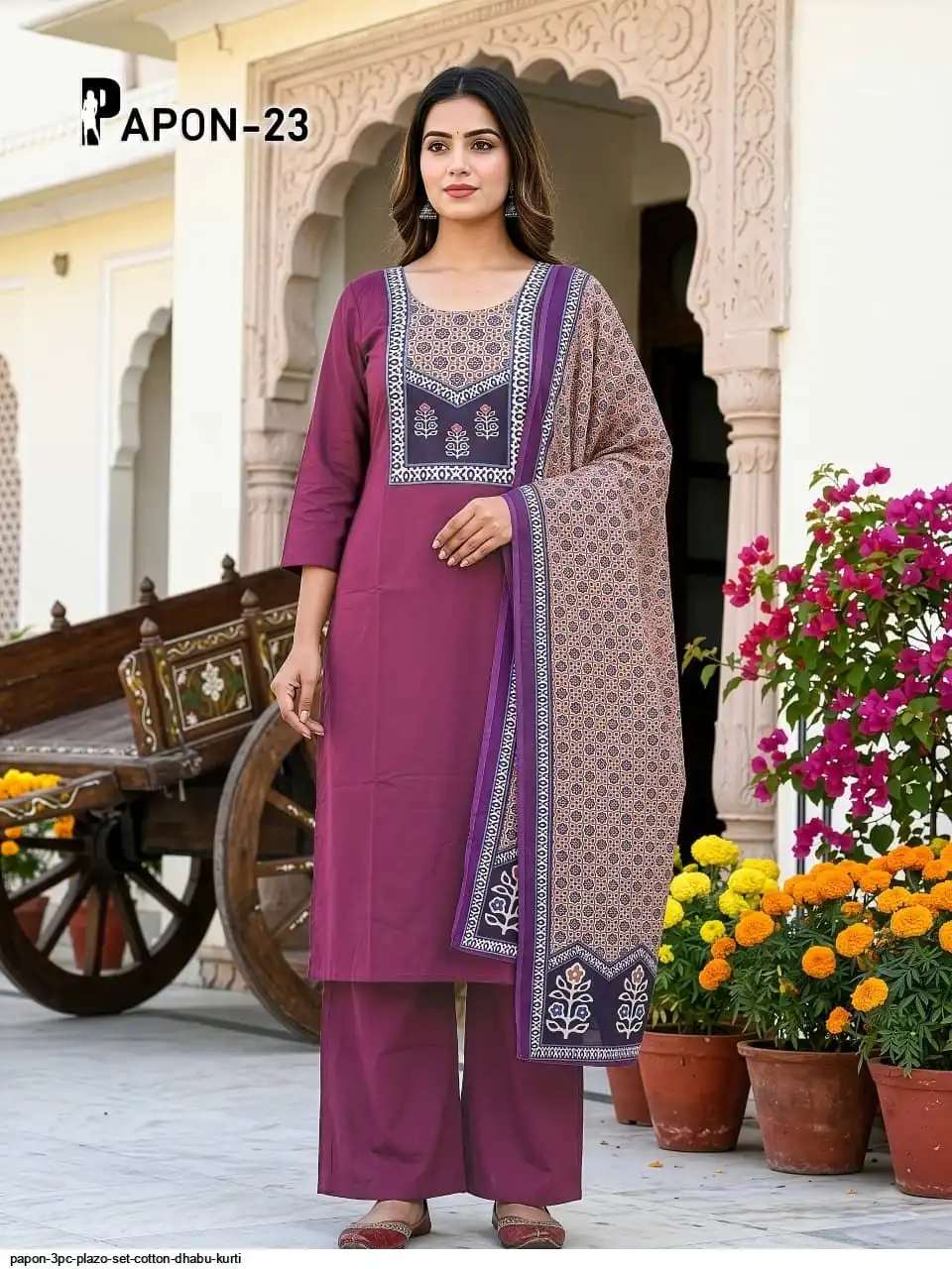 PAPON 3PC PLAZO SET COTTON DHABU KURTI 11