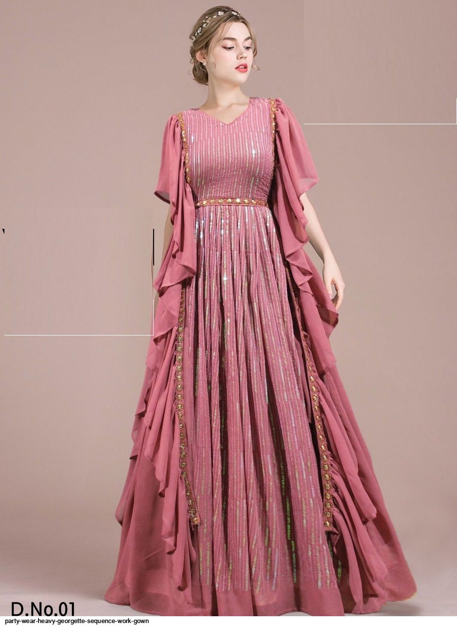 Aglow Pink Color Party Wear Heavy Sequence Work Gown