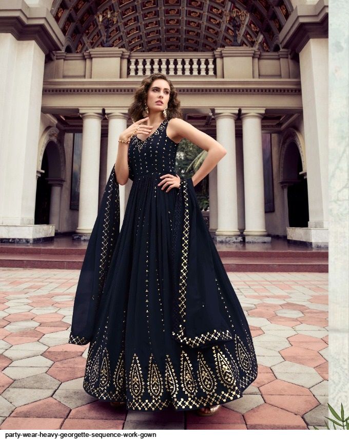 Blue Georgette Heavy Designer Mirror Work Wedding Gown, Round at Rs 1099 in  Surat