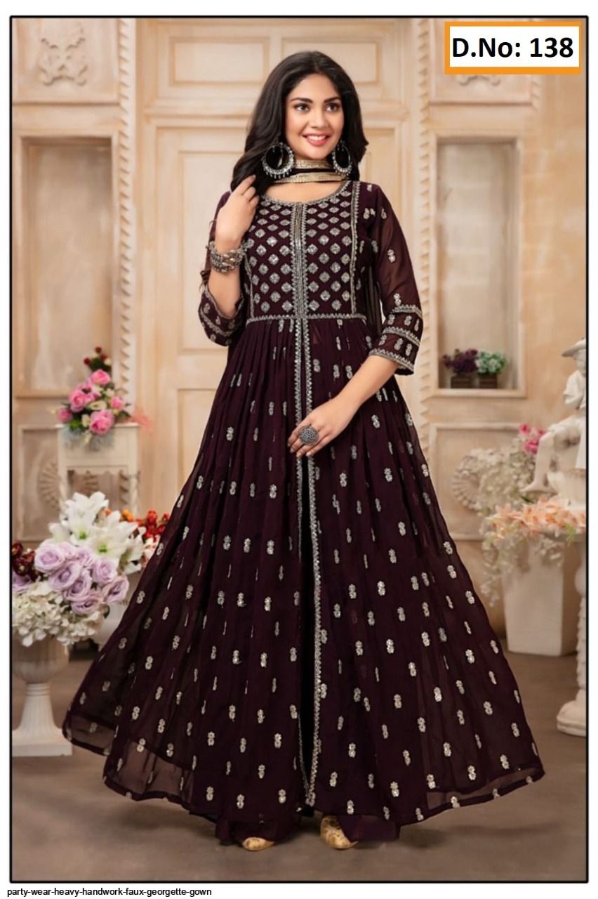 Cream Color Silk Georgette Party Wear Gown With Front And Back Embroidered