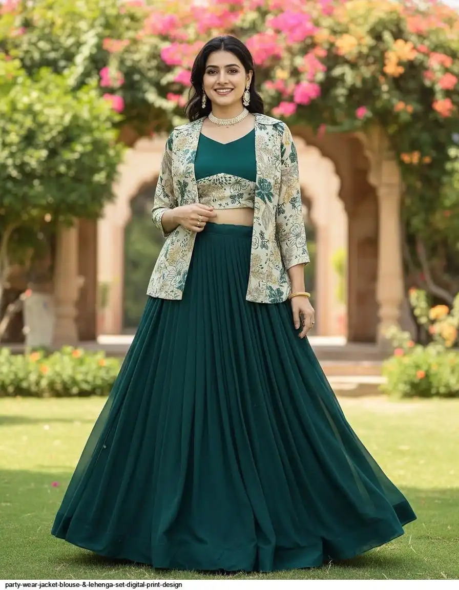 PARTY WEAR JACKET BLOUSE & LEHENGA SET DIGITAL PRINT DESIGN A