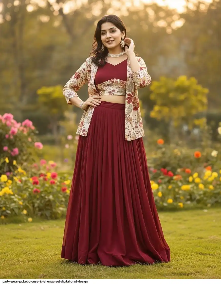 PARTY WEAR JACKET BLOUSE & LEHENGA SET DIGITAL PRINT DESIGN B