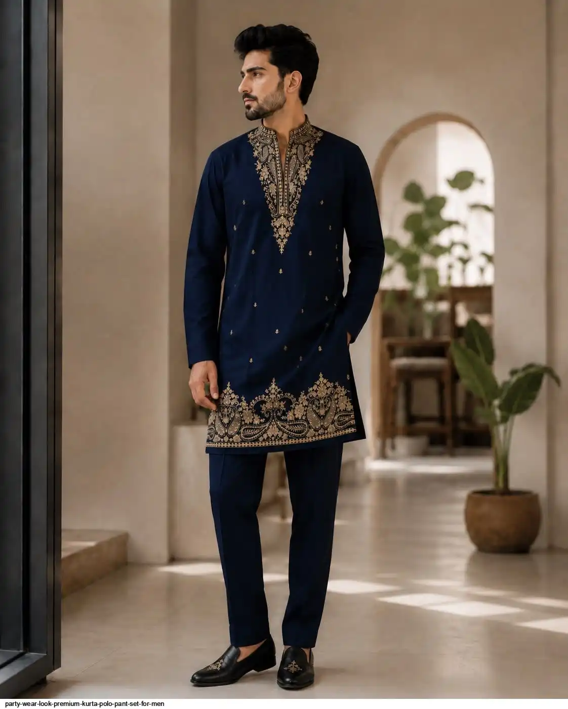 PARTY WEAR LOOK PREMIUM KURTA POLO PANT SET FOR MEN 1