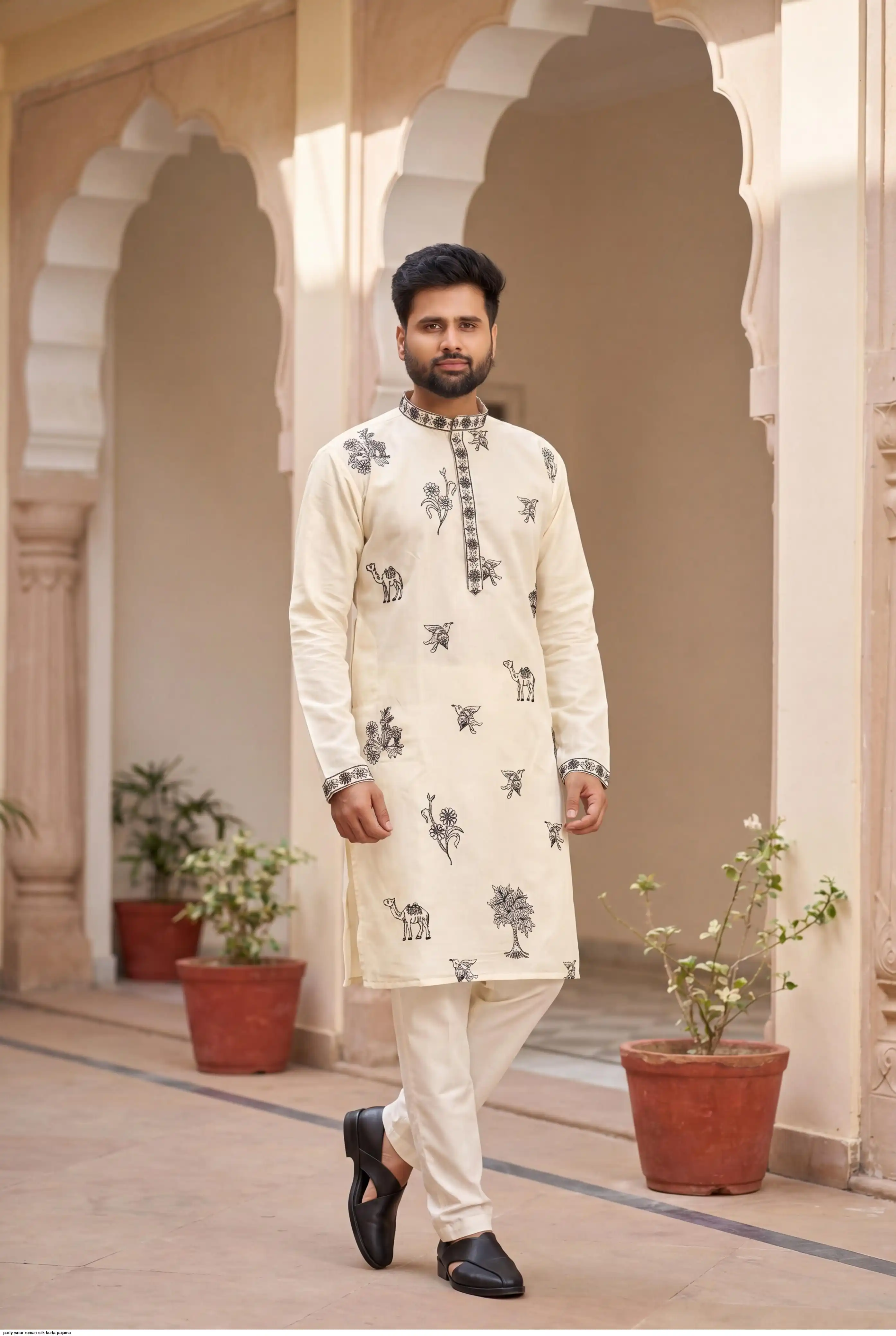 PARTY WEAR ROMAN SILK KURTA PAJAMA A