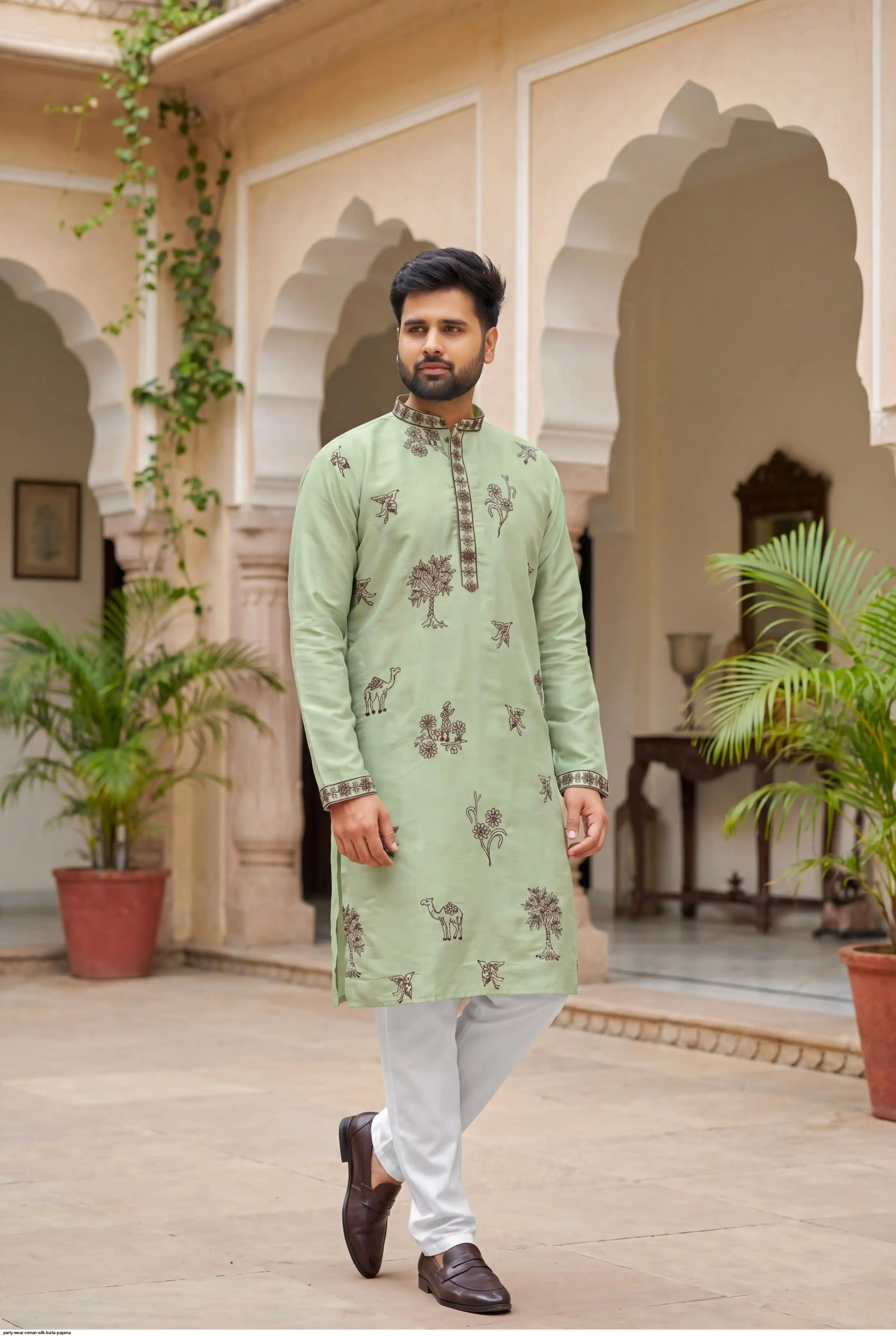 PARTY WEAR ROMAN SILK KURTA PAJAMA B