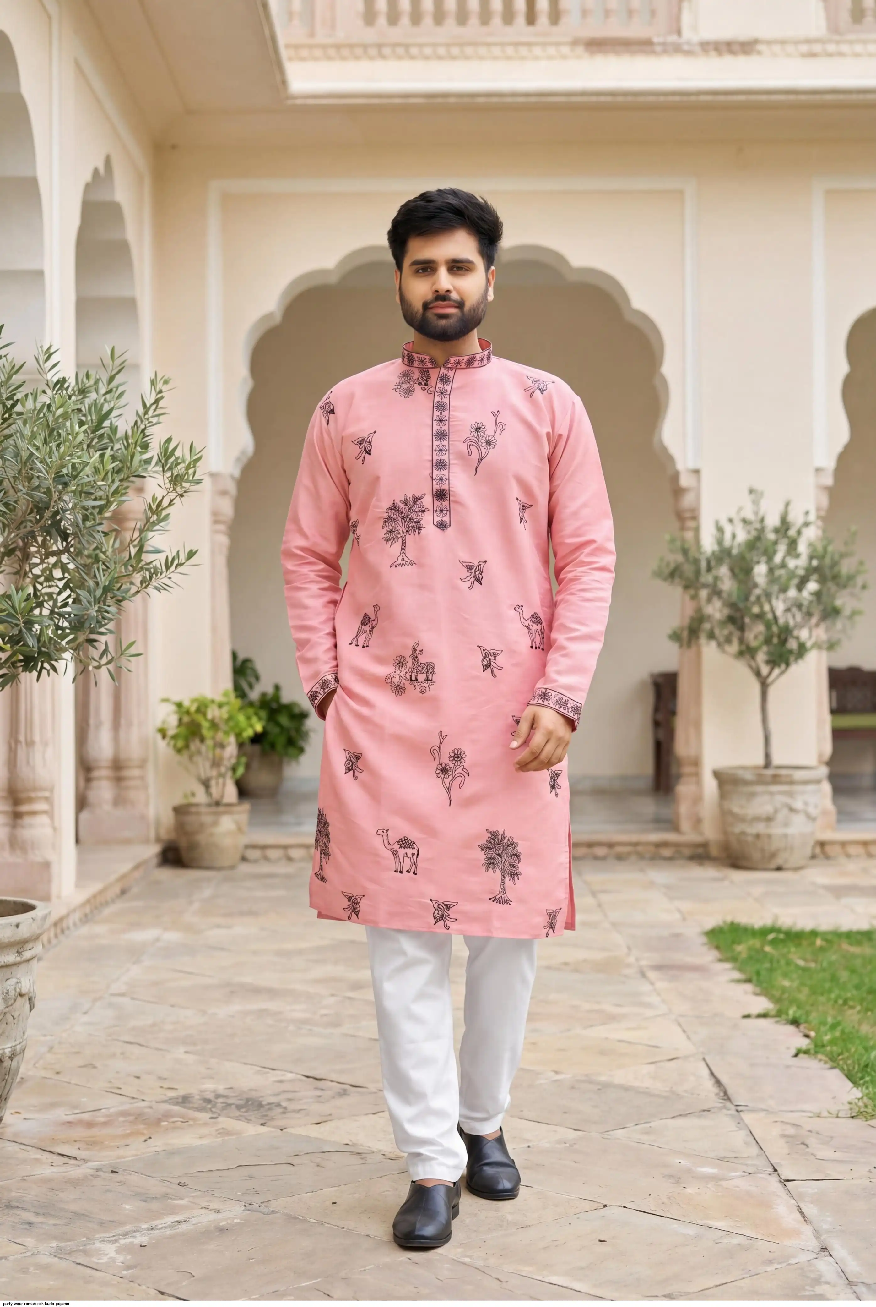 PARTY WEAR ROMAN SILK KURTA PAJAMA D