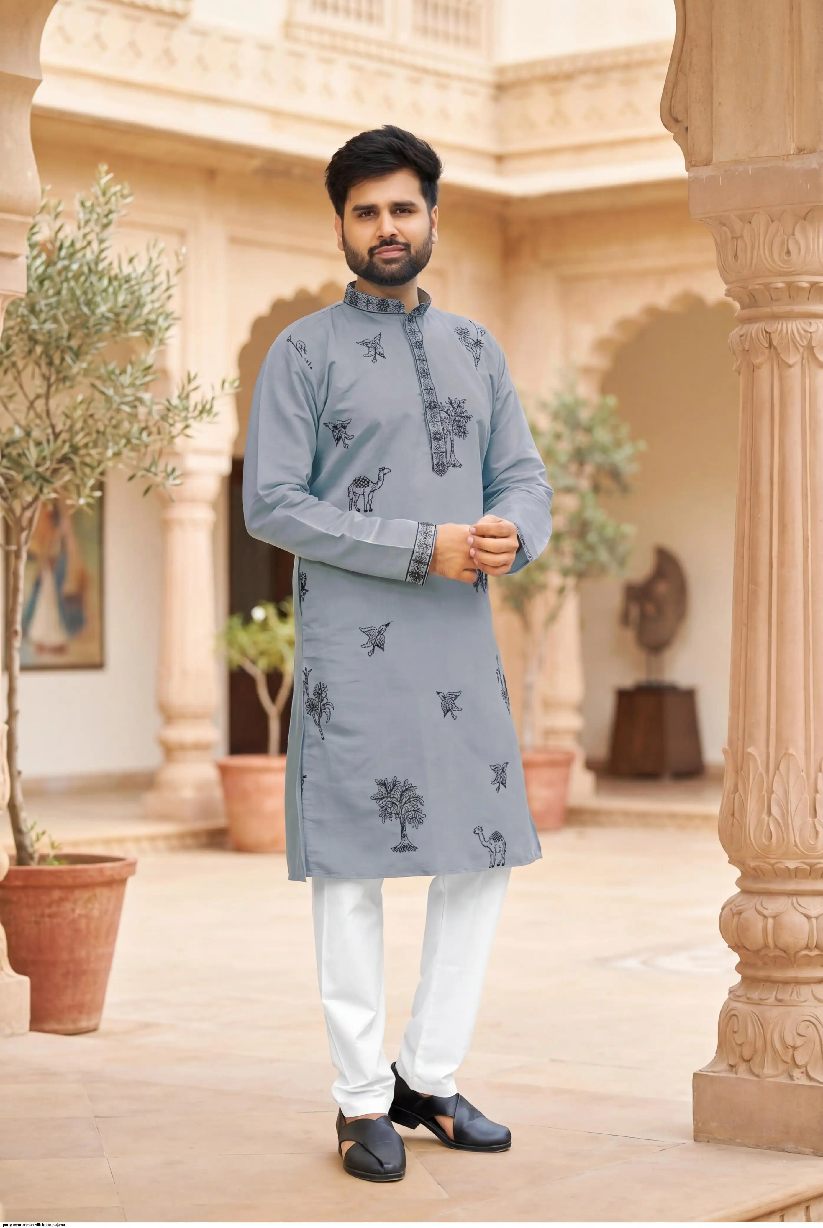 PARTY WEAR ROMAN SILK KURTA PAJAMA C