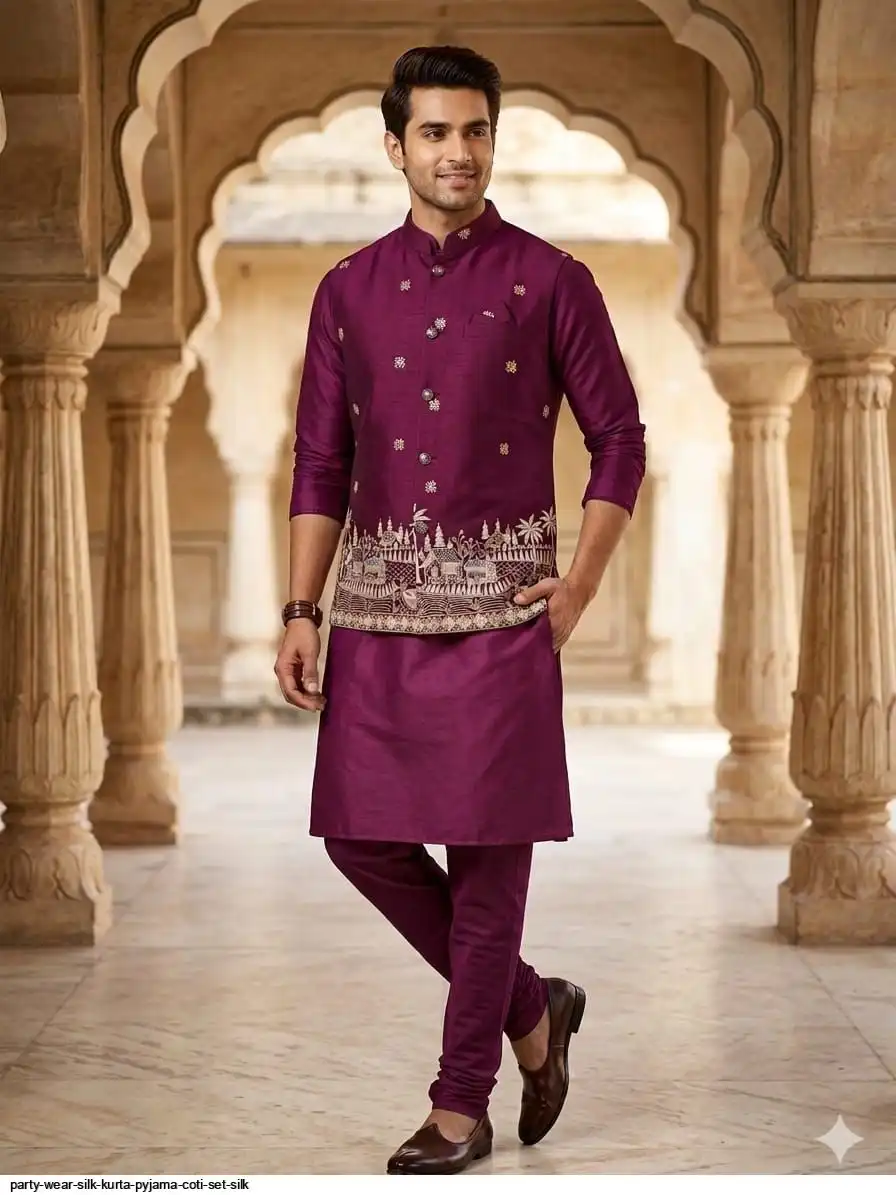 PARTY WEAR SILK KURTA PYJAMA COTI SET SILK 2