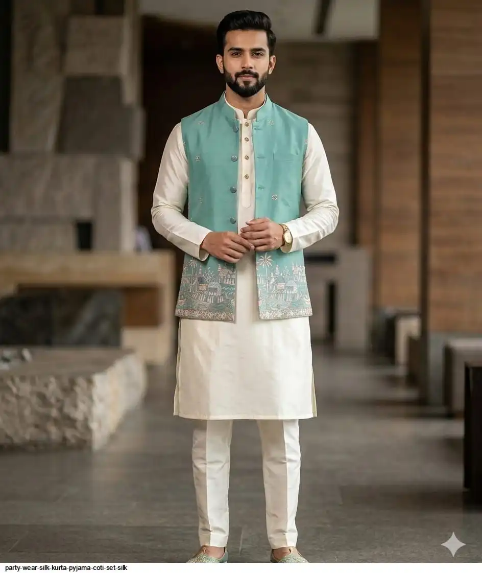 PARTY WEAR SILK KURTA PYJAMA COTI SET SILK 3