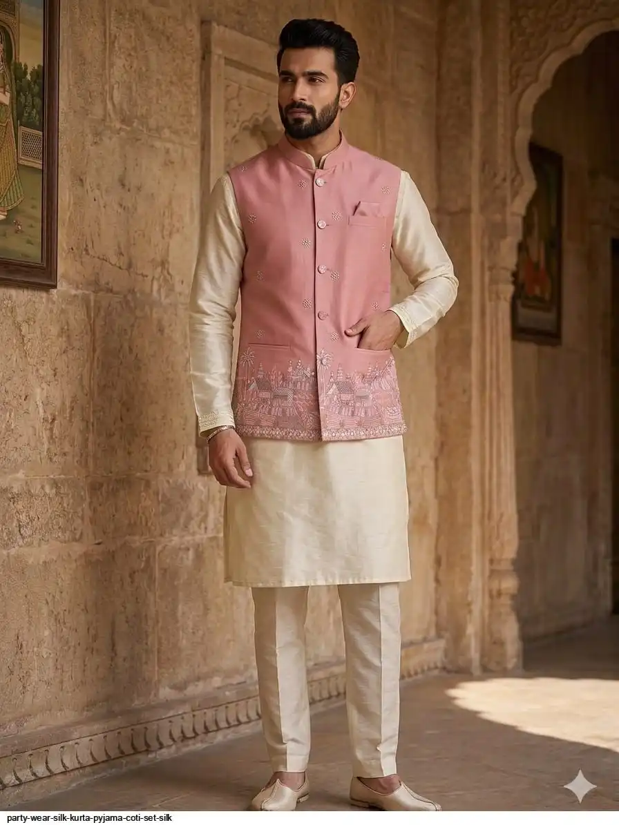 PARTY WEAR SILK KURTA PYJAMA COTI SET SILK 4