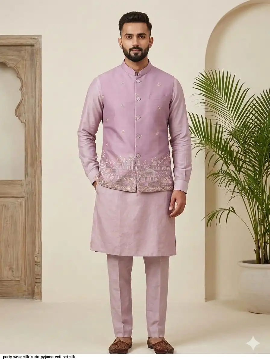 PARTY WEAR SILK KURTA PYJAMA COTI SET SILK 6