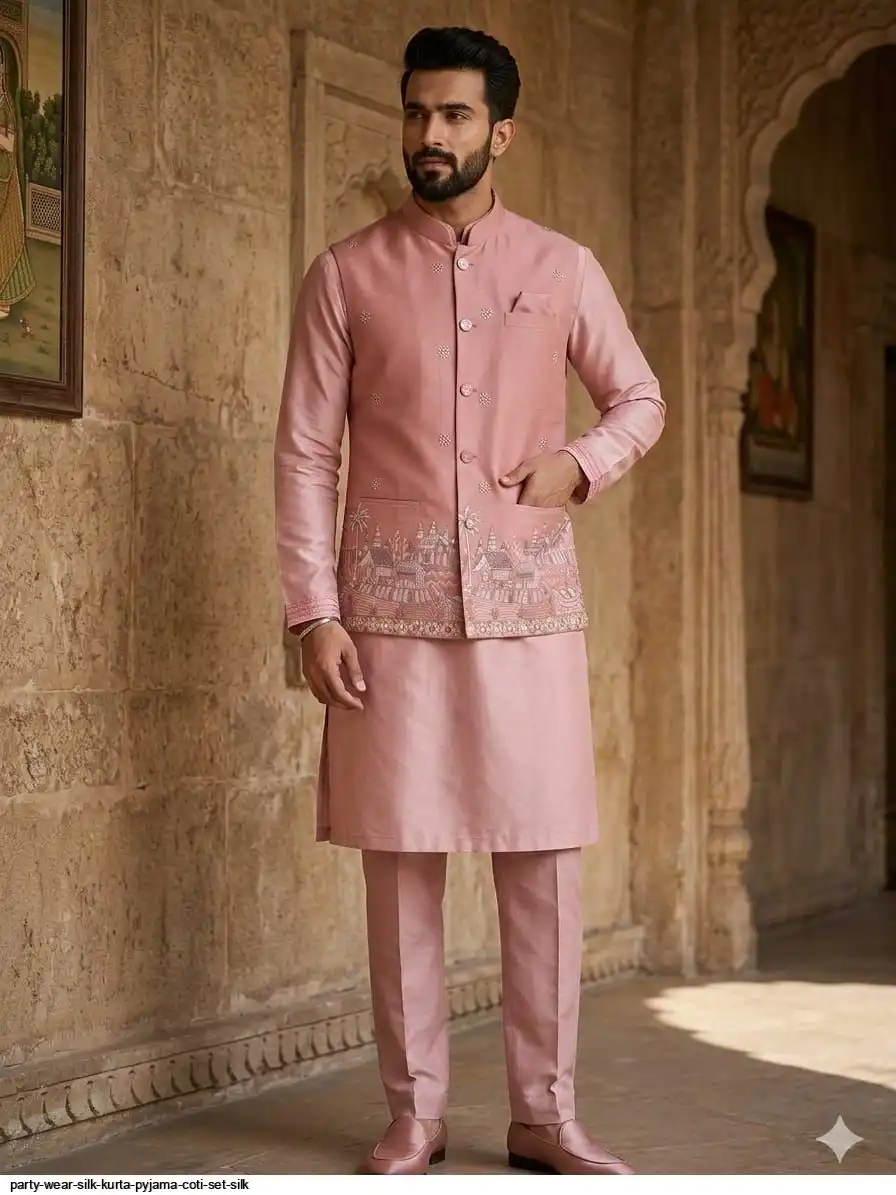 PARTY WEAR SILK KURTA PYJAMA COTI SET SILK 7