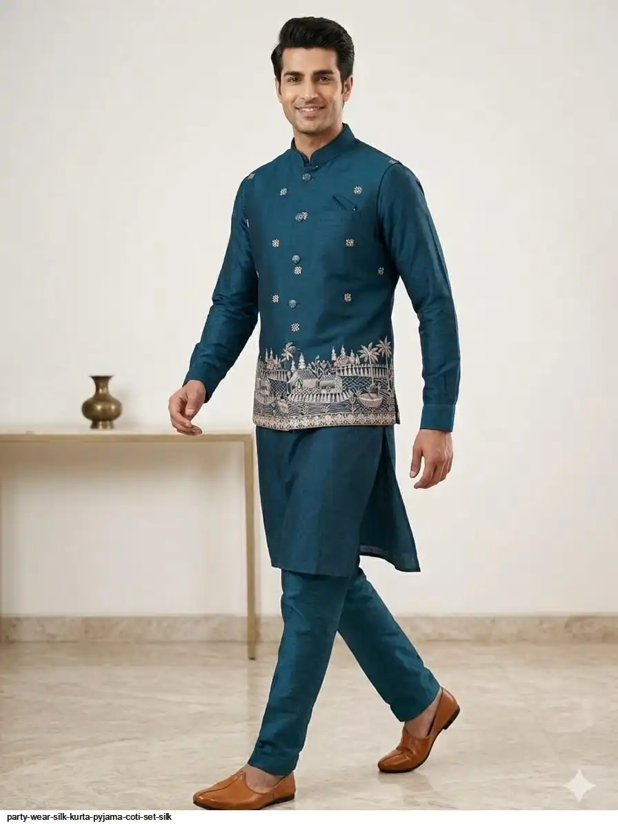 PARTY WEAR SILK KURTA PYJAMA COTI SET SILK 5