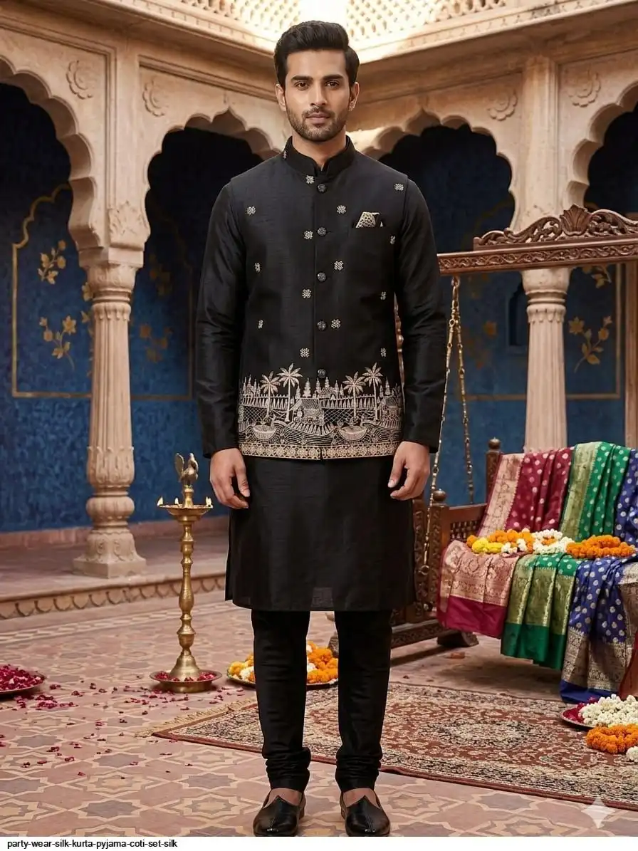 PARTY WEAR SILK KURTA PYJAMA COTI SET SILK 8