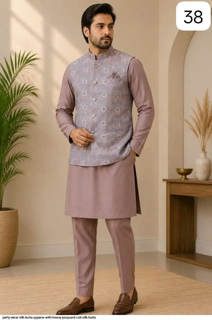 PARTY WEAR SILK KURTA PYJAMA WITH HEAVY JACQUARD COTI SILK KURTA 2