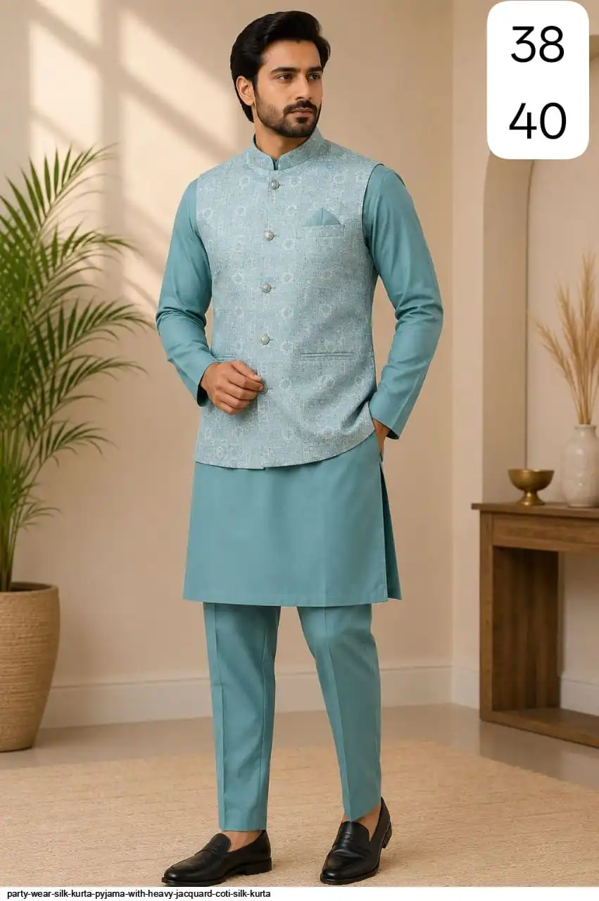 PARTY WEAR SILK KURTA PYJAMA WITH HEAVY JACQUARD COTI SILK KURTA 4