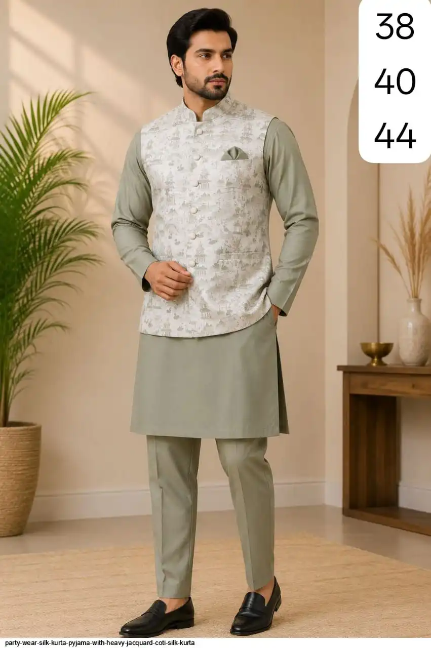 PARTY WEAR SILK KURTA PYJAMA WITH HEAVY JACQUARD COTI SILK KURTA 3