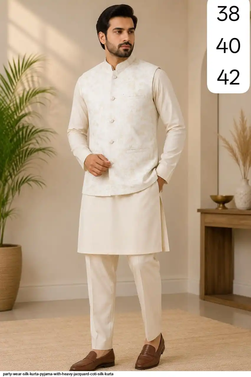 PARTY WEAR SILK KURTA PYJAMA WITH HEAVY JACQUARD COTI SILK KURTA 5