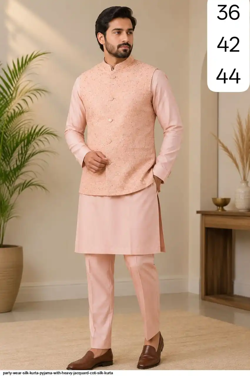 PARTY WEAR SILK KURTA PYJAMA WITH HEAVY JACQUARD COTI SILK KURTA 9