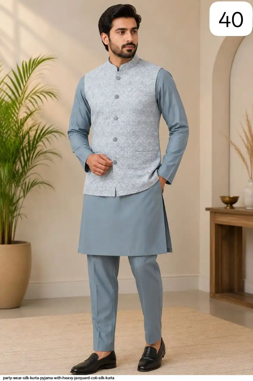 PARTY WEAR SILK KURTA PYJAMA WITH HEAVY JACQUARD COTI SILK KURTA 7