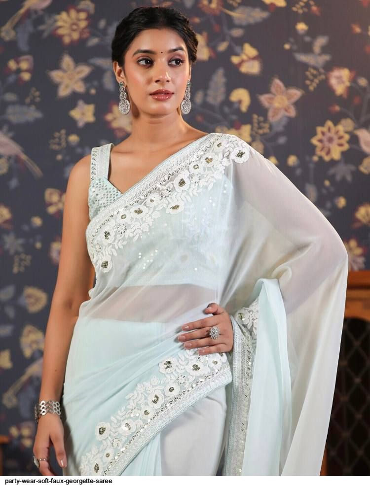 Buy Grey Faux Georgette Embroidered Saree Party Wear Online at Best Price |  Cbazaar