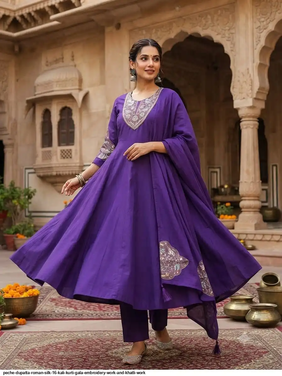 PECHE DUPATTA ROMAN SILK 16 KALI KURTI GALA EMBROIDERY WORK AND KHATLI WORK A