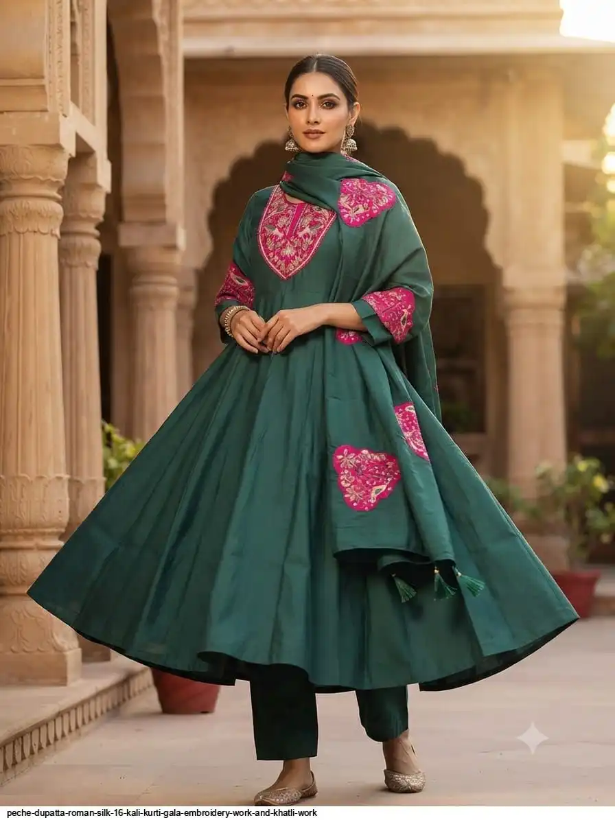 PECHE DUPATTA ROMAN SILK 16 KALI KURTI GALA EMBROIDERY WORK AND KHATLI WORK D