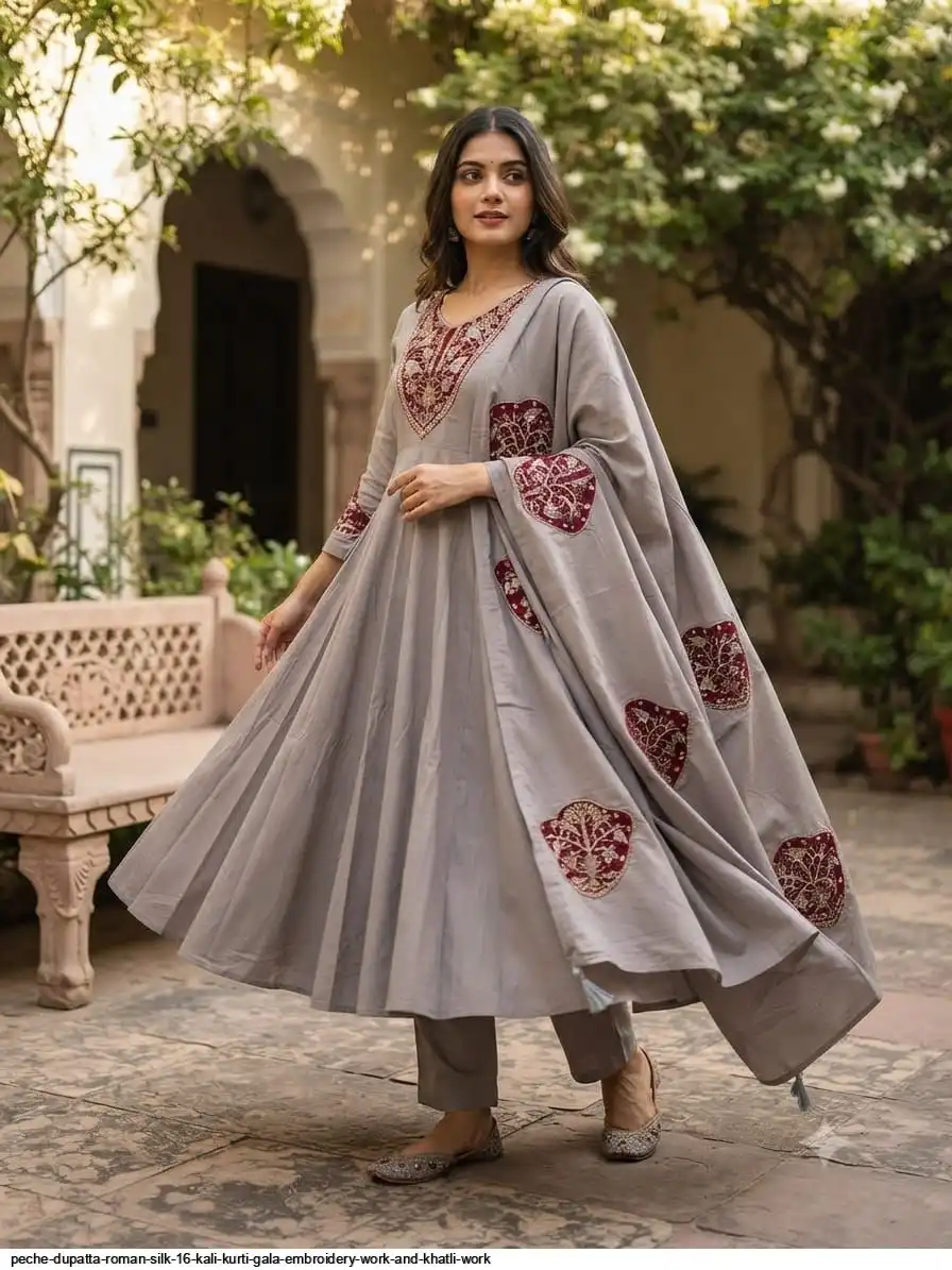PECHE DUPATTA ROMAN SILK 16 KALI KURTI GALA EMBROIDERY WORK AND KHATLI WORK C