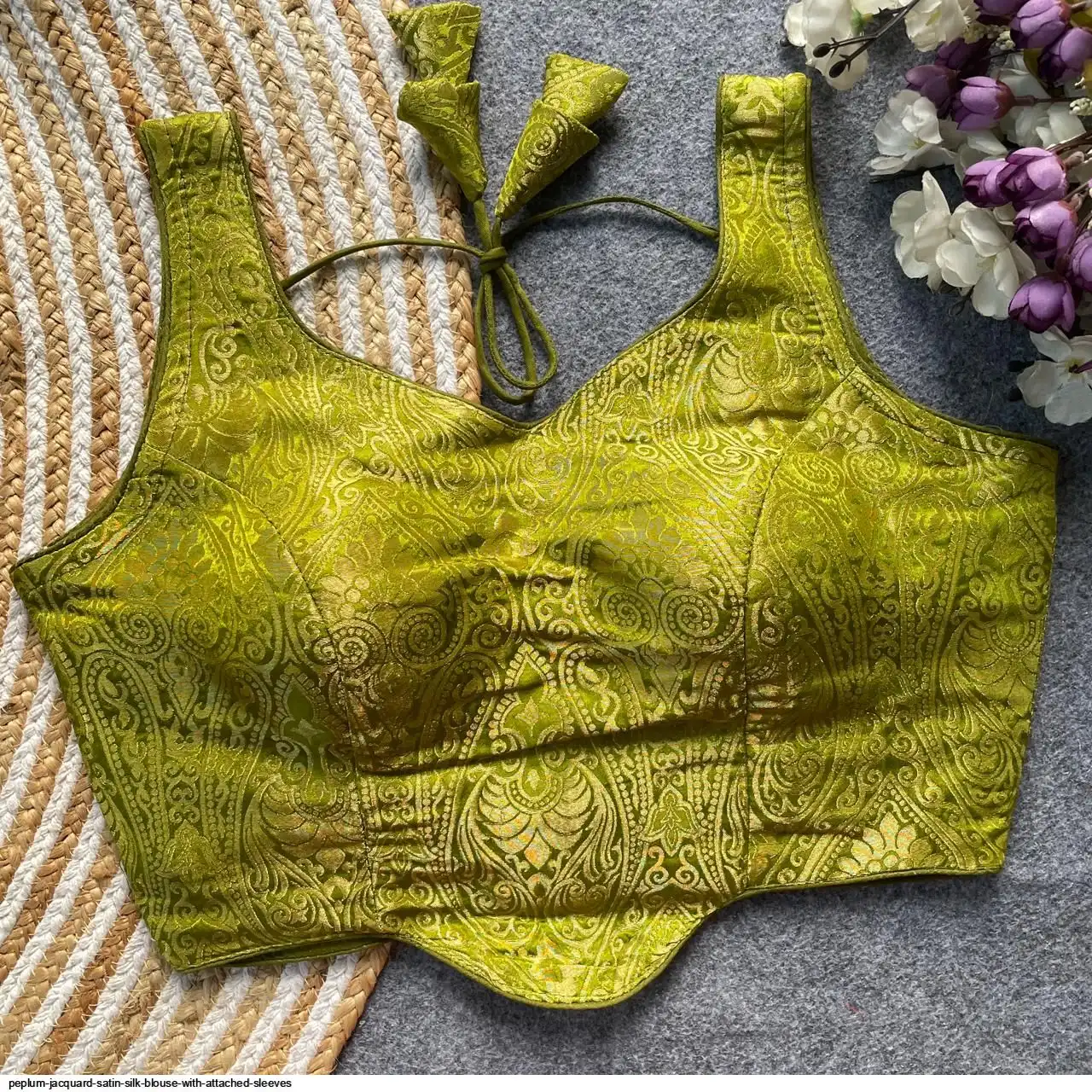 PEPLUM JACQUARD SATIN SILK BLOUSE WITH ATTACHED SLEEVES I