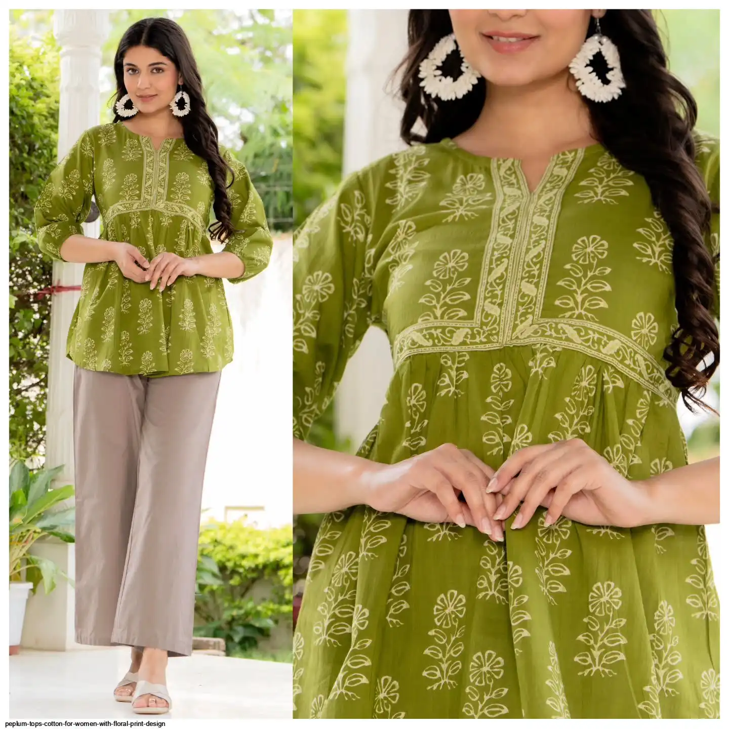 PEPLUM TOPS COTTON FOR WOMEN WITH FLORAL PRINT DESIGN C