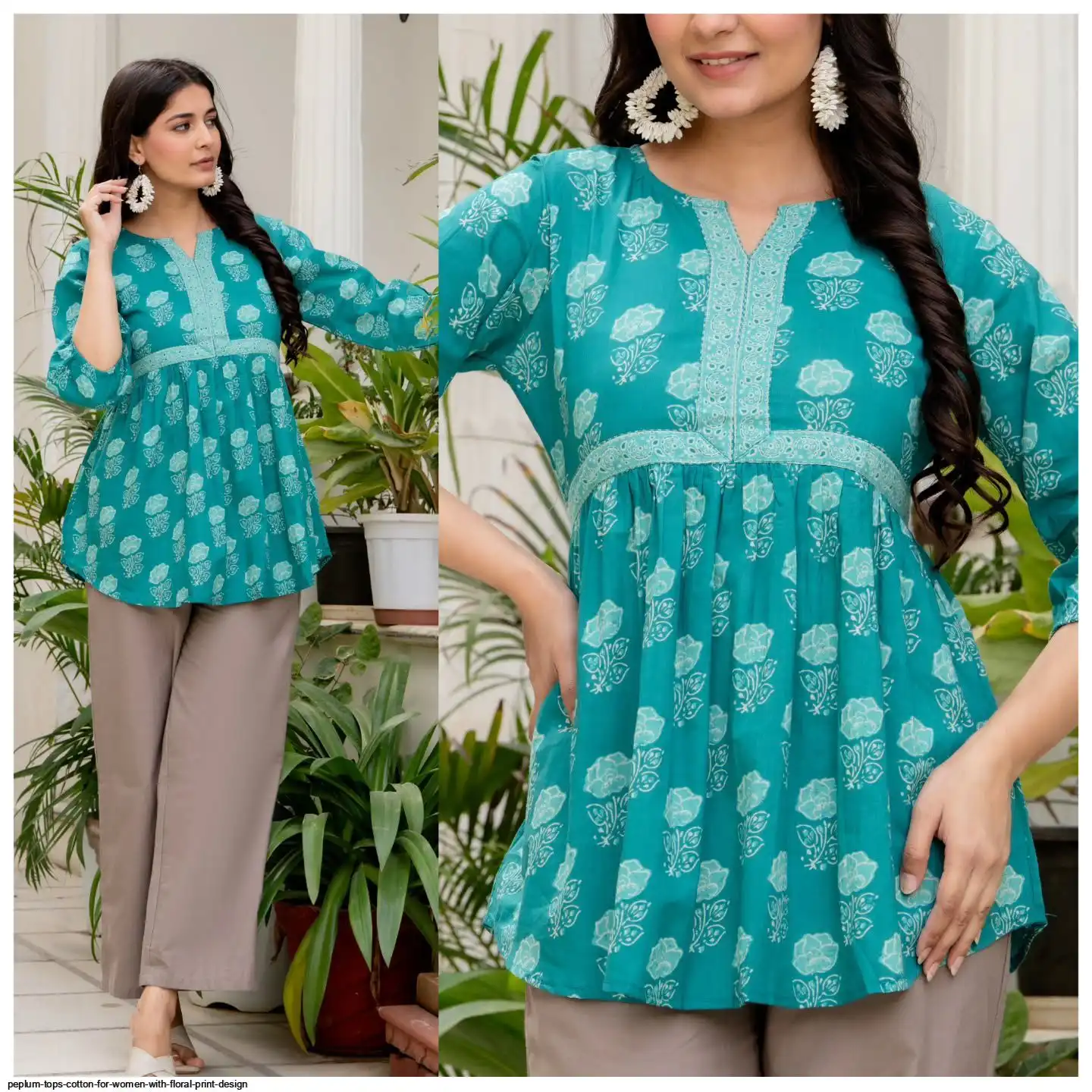 PEPLUM TOPS COTTON FOR WOMEN WITH FLORAL PRINT DESIGN E