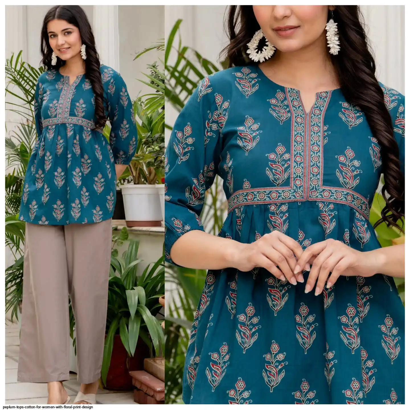 PEPLUM TOPS COTTON FOR WOMEN WITH FLORAL PRINT DESIGN F