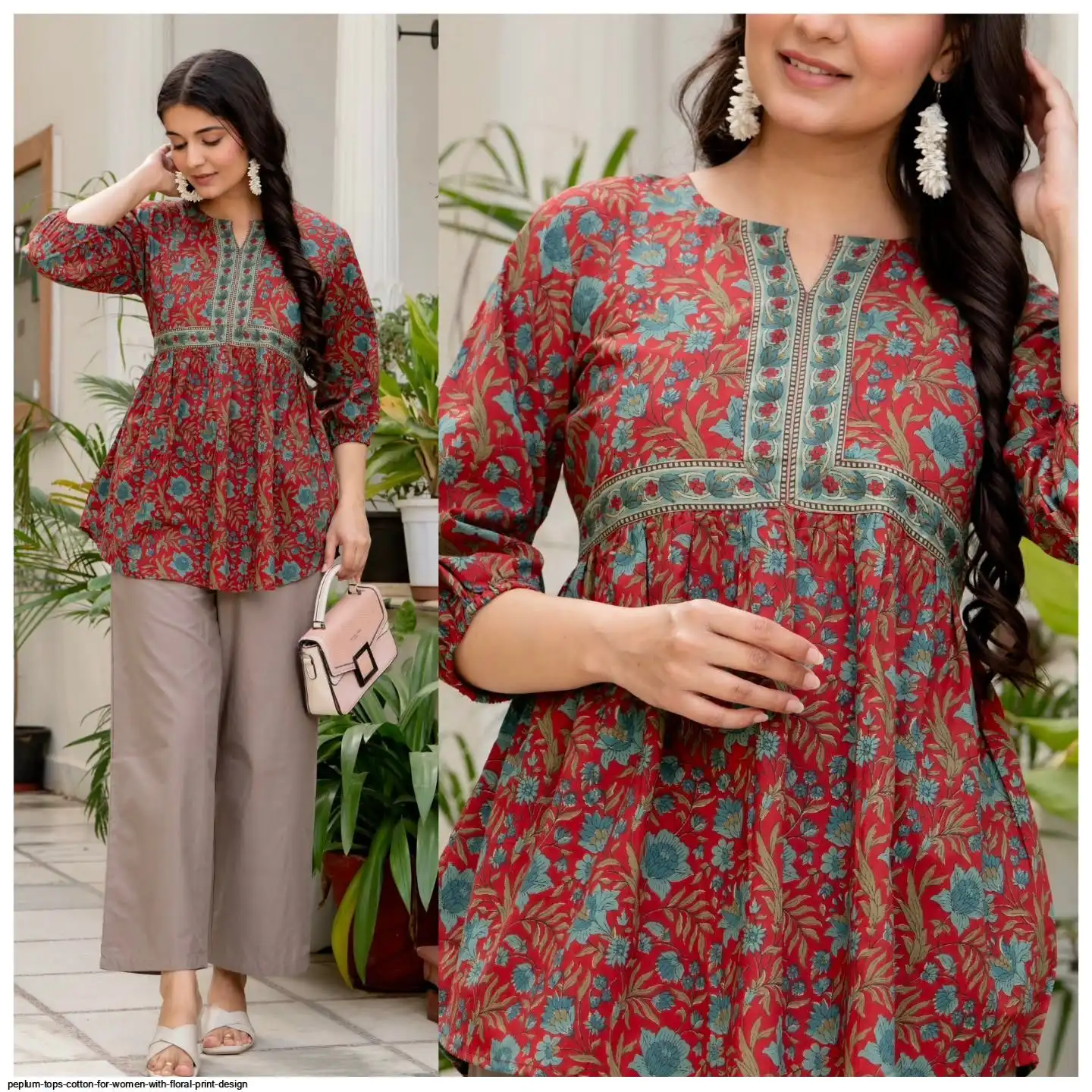 PEPLUM TOPS COTTON FOR WOMEN WITH FLORAL PRINT DESIGN A