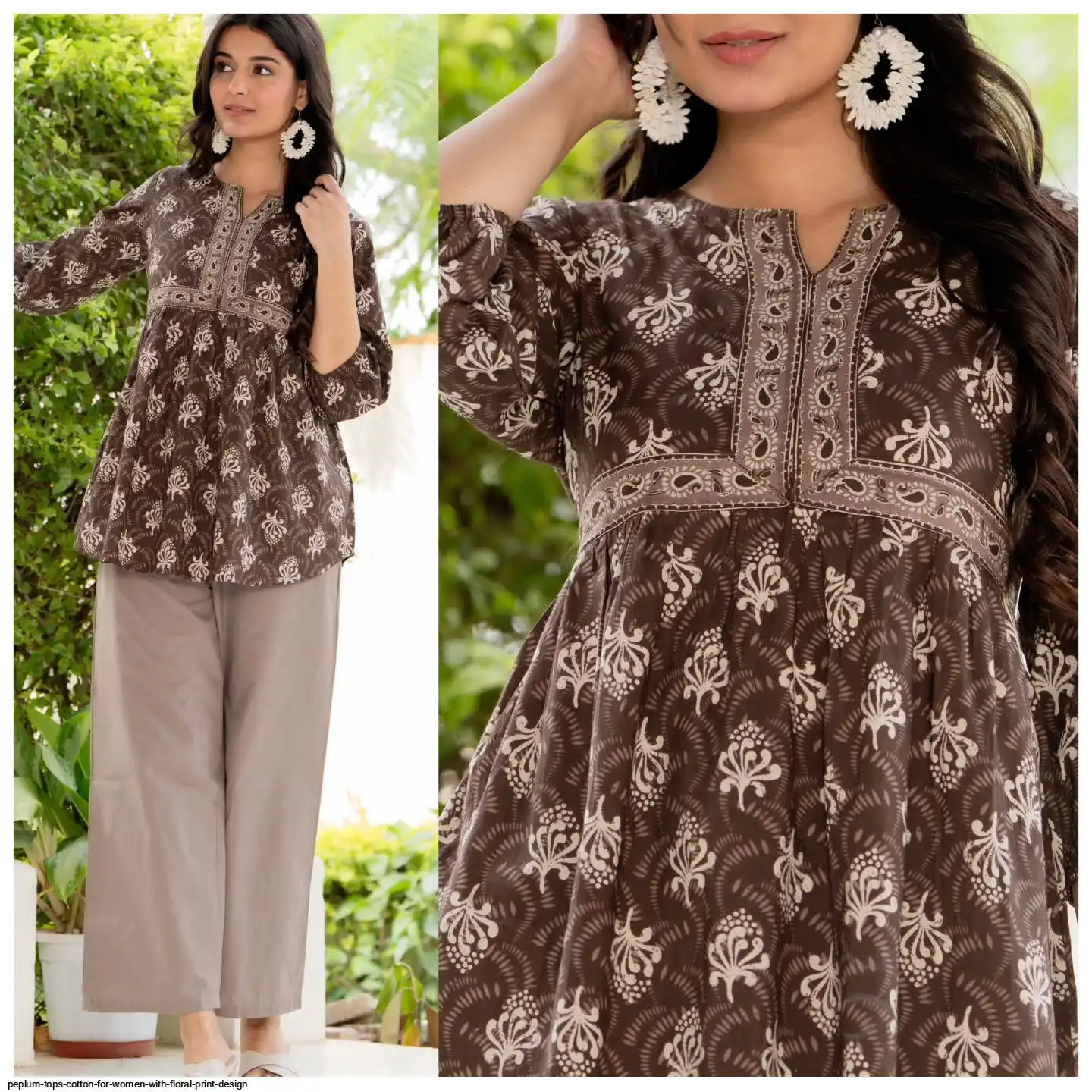 PEPLUM TOPS COTTON FOR WOMEN WITH FLORAL PRINT DESIGN D