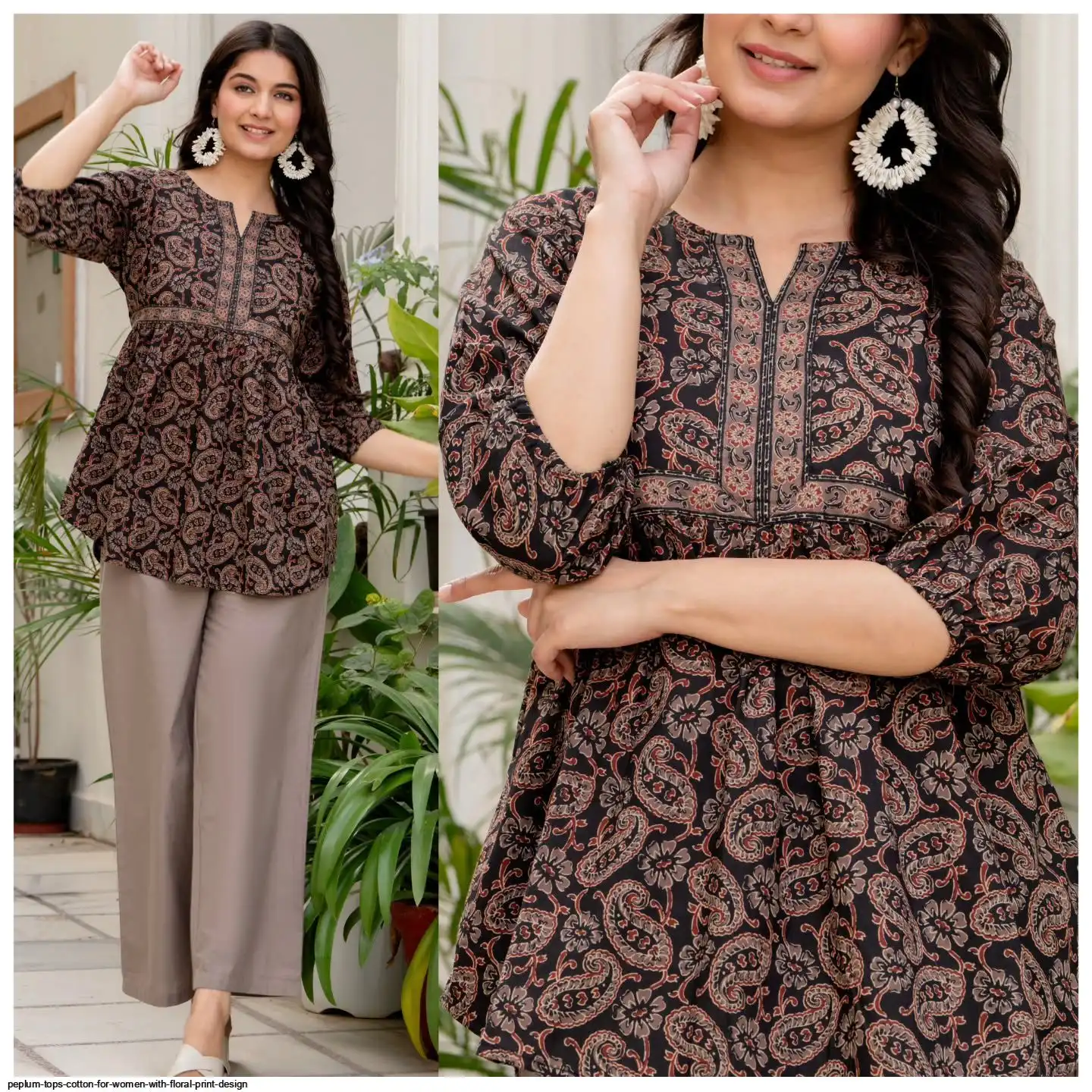 PEPLUM TOPS COTTON FOR WOMEN WITH FLORAL PRINT DESIGN B