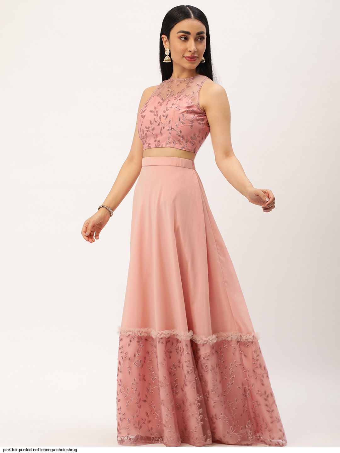 Pink Foil Printed Net Lehenga CHOLI SHRUG