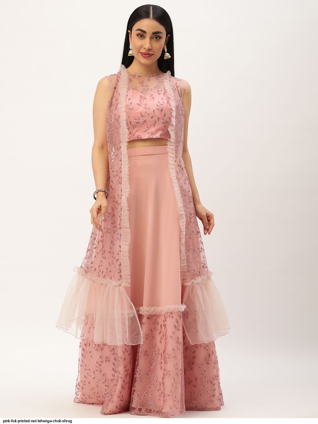 PINK FOIL PRINTED NET LEHENGA CHOLI SHRUG